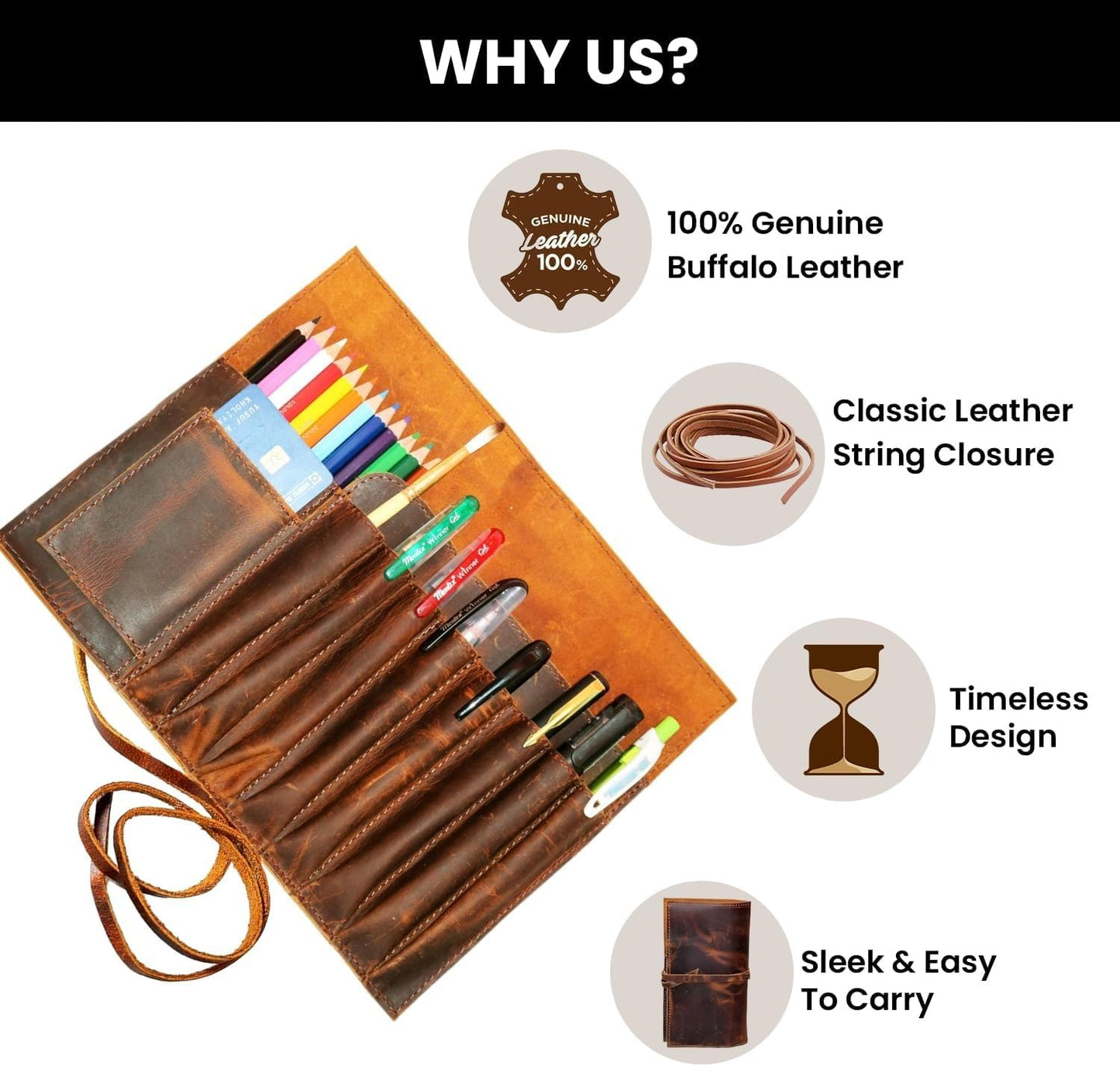 Jaald Genuine Leather Pencil Roll Brush Case Pen Holder Organizer Brushes Ruler Stationary Pouch Gift for Students Artist Painter & Writer String Closure Vintage