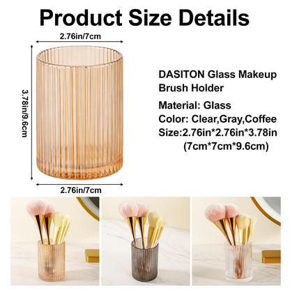 DASITON Makeup Brush Holder Organizer, Crystal Cosmetic Makeup Brushes Storage Holder, Glass Make Up Brush Holder, Vintage Striped Make Up Cup Desk Pen Pencil Holder, Toothbrush Holders (Coffee S)