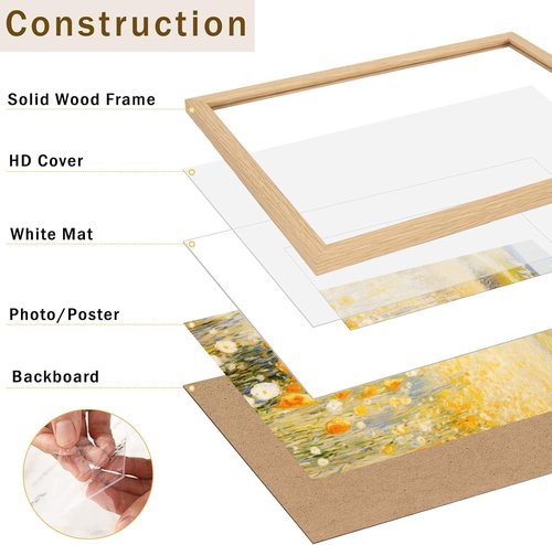 JCJMY 11x14 Solid Wood Picture Frame - Display 8x10 with Mat or 11x14 Without | Natural Finish, Shatter-Resistant Plexiglass