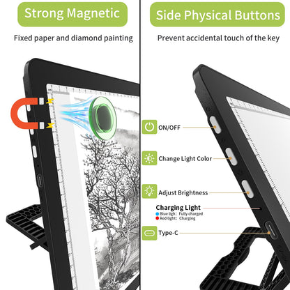 YINGWOND Rechargeable A4 Light Pad with Stand,7100LUX Magnetic Diamond Art Light Board,3 Light Colors,Adjustable Brightness,Portable Wireless Light Box for Tracing,Drawing,Sketching