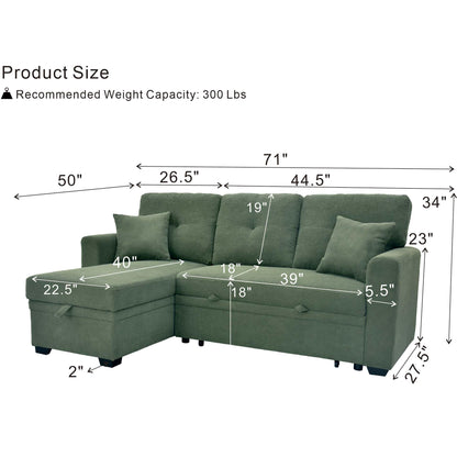 Eafurn 71" L Shaped Sectional Sleeper Sofa Bed with Pull Out Bed, Comfy Fabric Corner Sleeper Sectional Pull Out Couch with Tufted Backrest/Reversible Storage Chaise/2 Pillows
