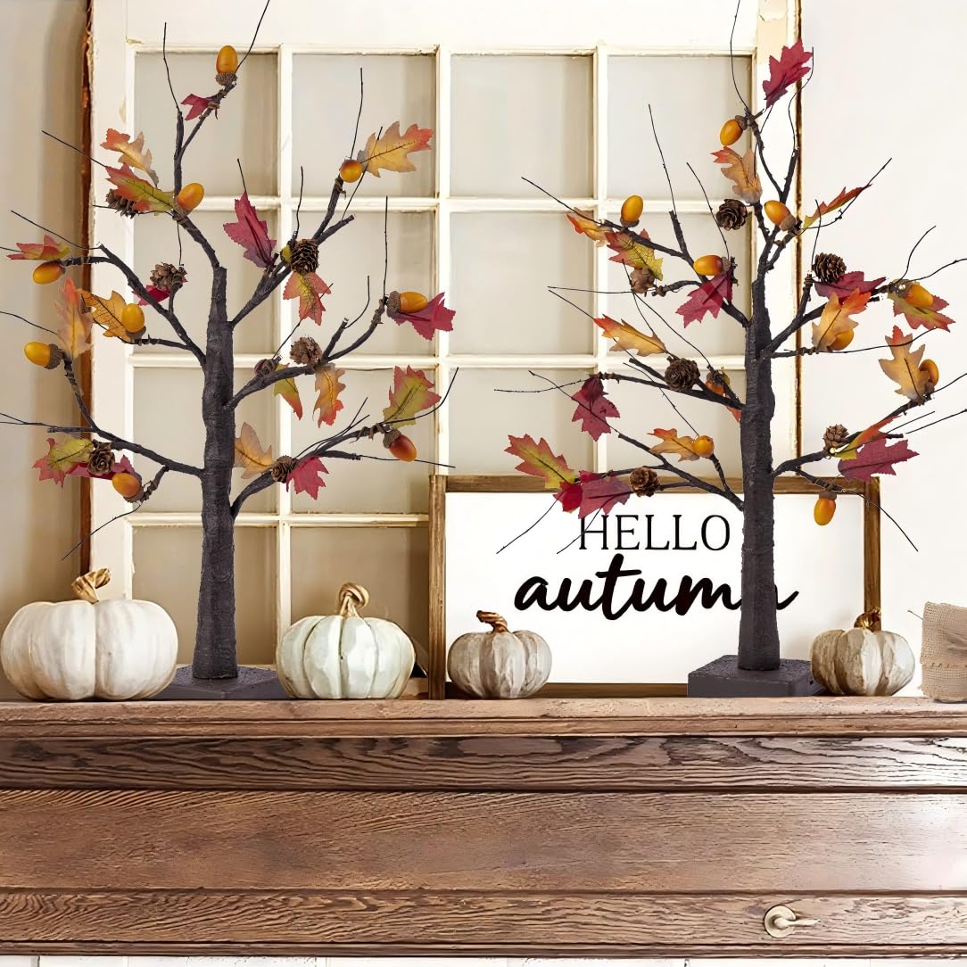 2 Pack Lighted Fall Trees 24in - Battery Operated Autumn Centerpiece with Acorns & Pinecones for Thanksgiving Halloween Decor