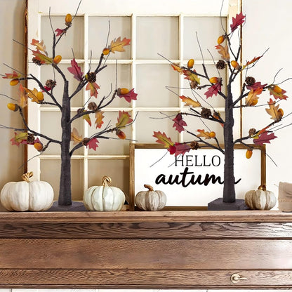 2 Pack Lighted Fall Trees 24in - Battery Operated Autumn Centerpiece with Acorns & Pinecones for Thanksgiving Halloween Decor