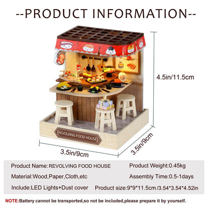 Miniature House Kit, CUTEROOM Tiny House Kit Wooden Dollhouse Kit Mini House Making Kit with Dust Cover, DIY Sushi Dollhouse Kit Birthday Gift (Food House)