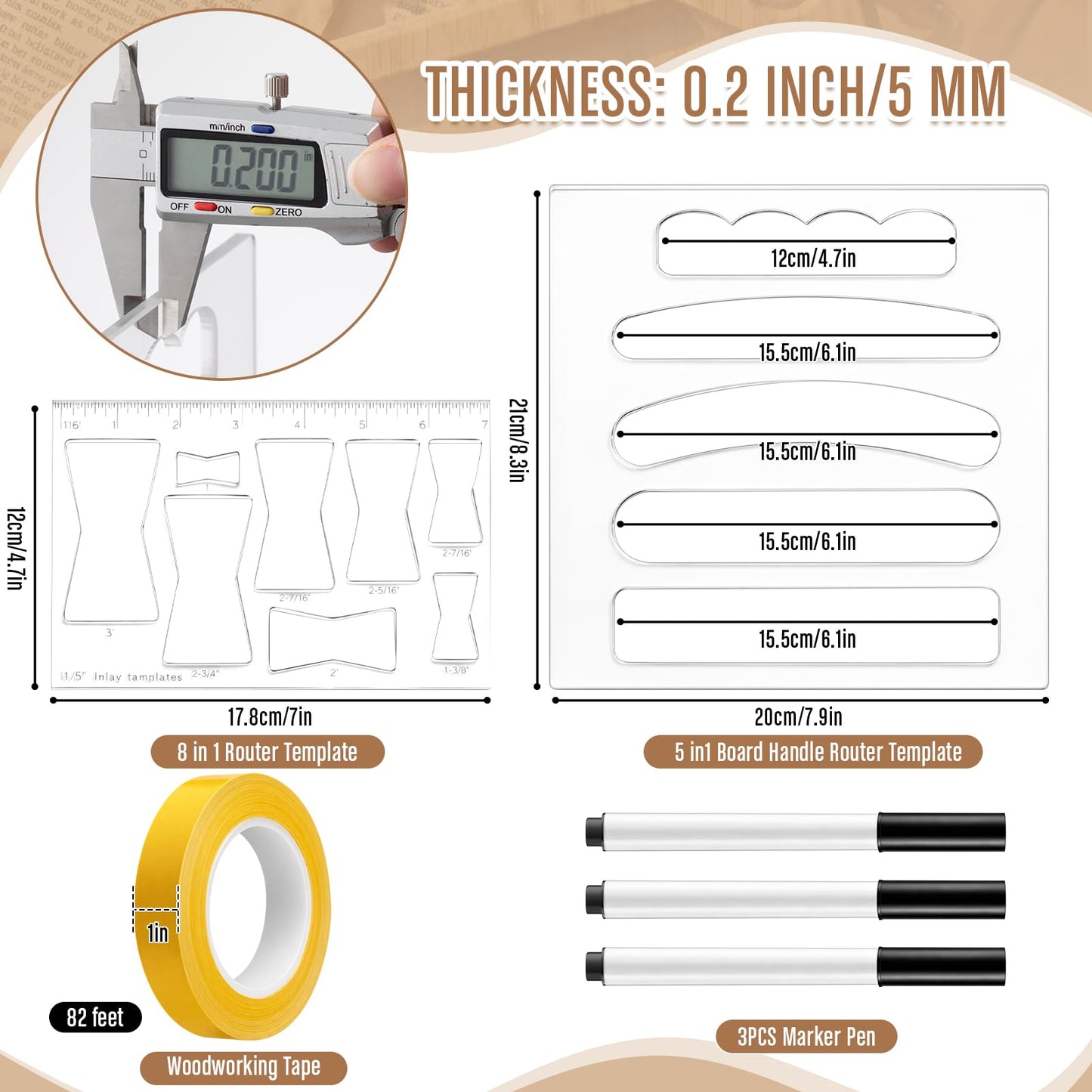Fuyoooo 14 Pcs Router Templates for Woodworking, 6 Acrylic Charcuterie Board Handle Guides, Bowtie Inlay & 2 Tray Edge Templates, Angled Curvy Tracing Stencils Cut Guide Tools with Tape and Pens