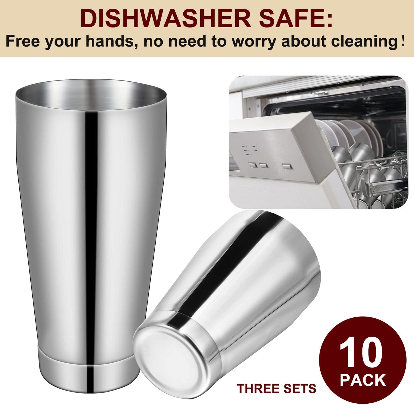 Lallisa 10 Pieces Cocktail Shakers Professional Bar Boston Shaker Set Stainless Steel Martini Shaker Drink Mixer Basic Tools Weighted Shake Metal Can for Bartenders, 18 Oz, 28 oz(Silver)
