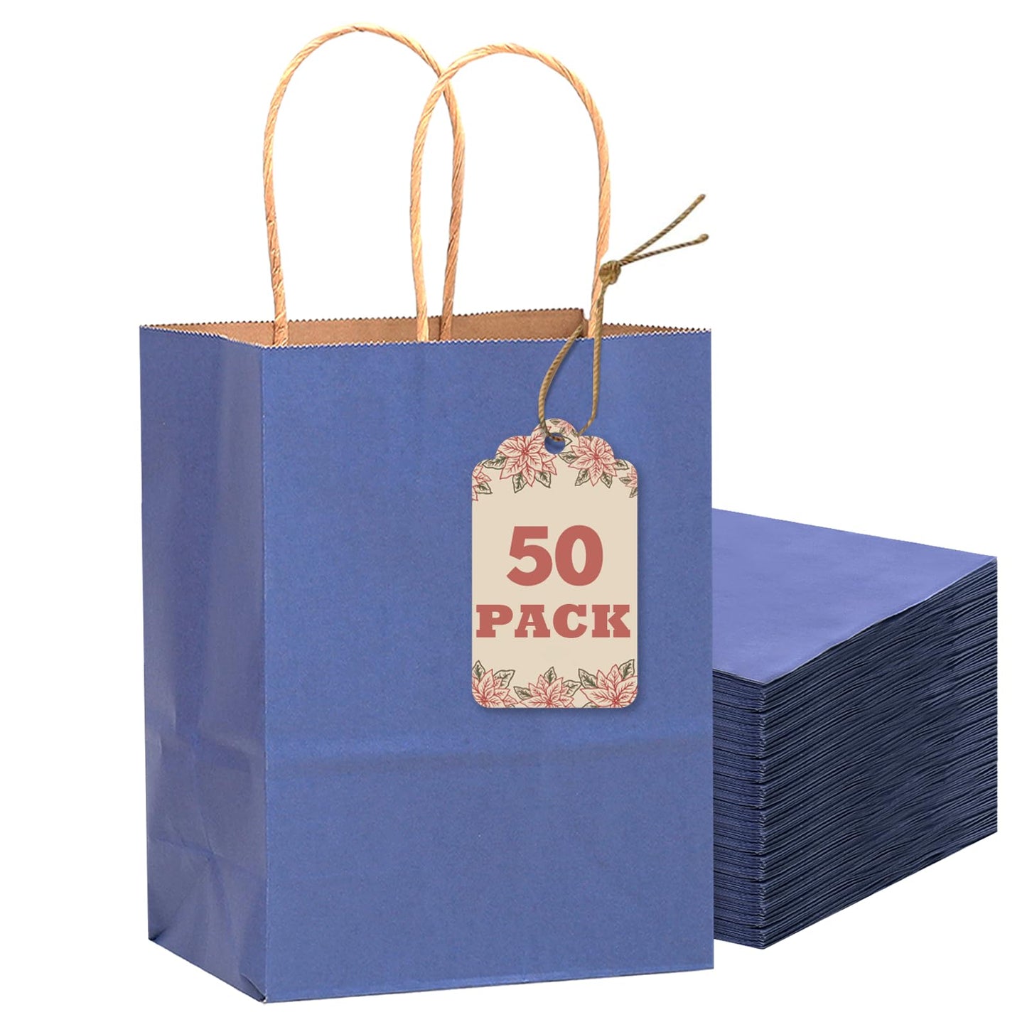 qiqee 50-Packs Gift Bag with Handles Bulk Kraft Deep Blue Paper Bags Multiple Uses (8.3"x3"x6"inch Small Size)
