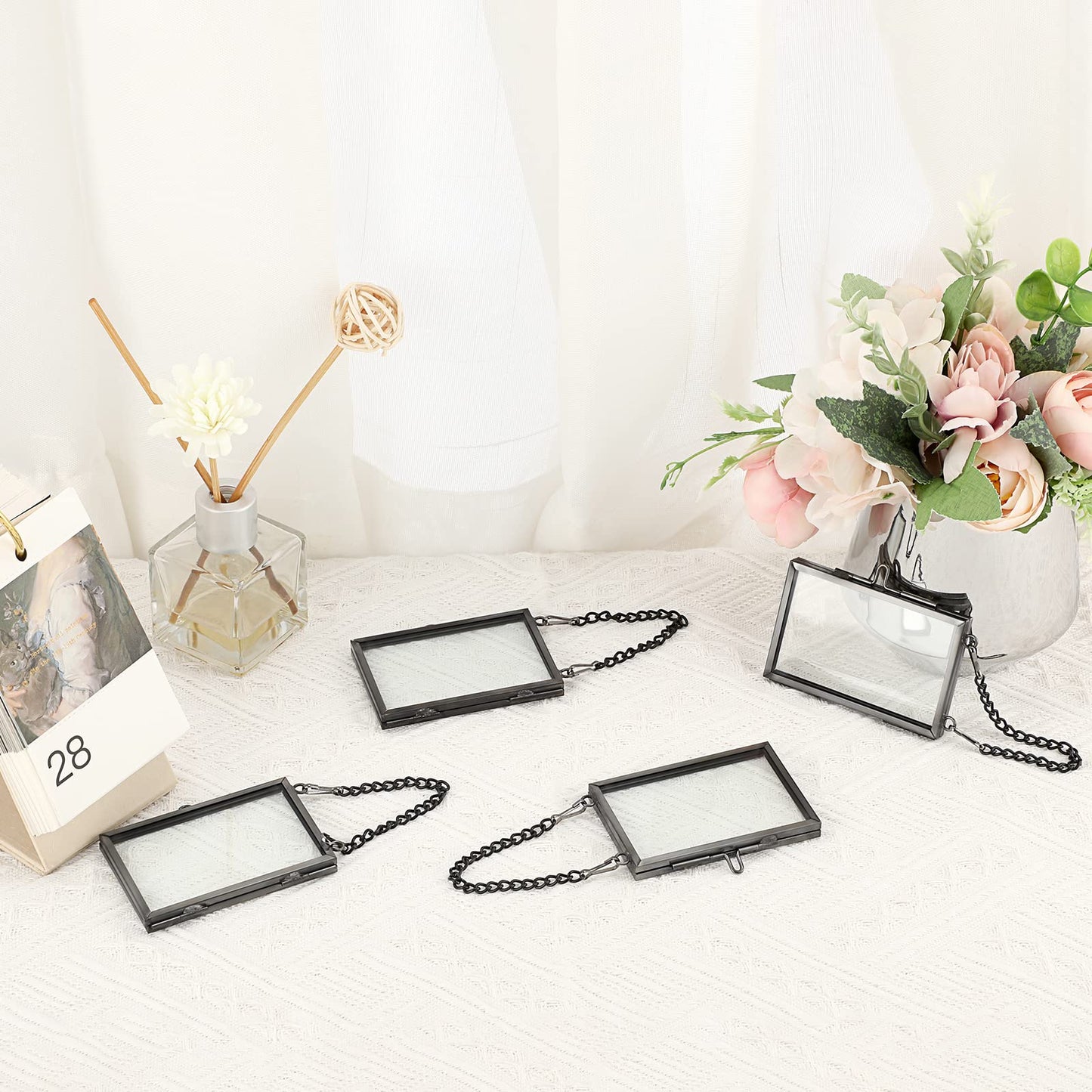 JUXYES Set of 4 Mini Wall Hanging Brass Frame for Pressed Flowers, Glass Hanging Picture Artwork Display Frames, Double Glass Floating Style Gallery Wall Frame for Picture, Pressed Flower, Poster, etc