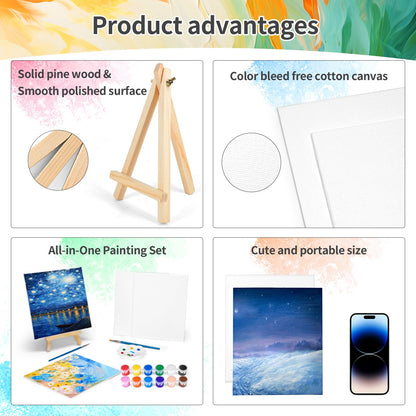 8 Pack 8 * 10In Canvas Boards for Painting, Art Canvas for Drawing with 16 Brushes & 8 Paint Trays & 16 Acrylic Paint, Mini Painting Canvas with Easel Set, Painting Kits for Adults Party
