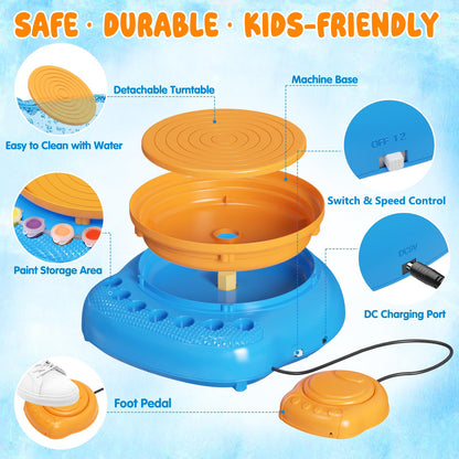 Pottery Wheel for Kids Complete DIY Pottery Painting Kit, Arts and Crafts for Kids Ages 8-12 with 3 Air-Dry Clay Packs and Tools, Art Supplies Toys Birthday Easter Gift for Boys Girls 6+ Years Old