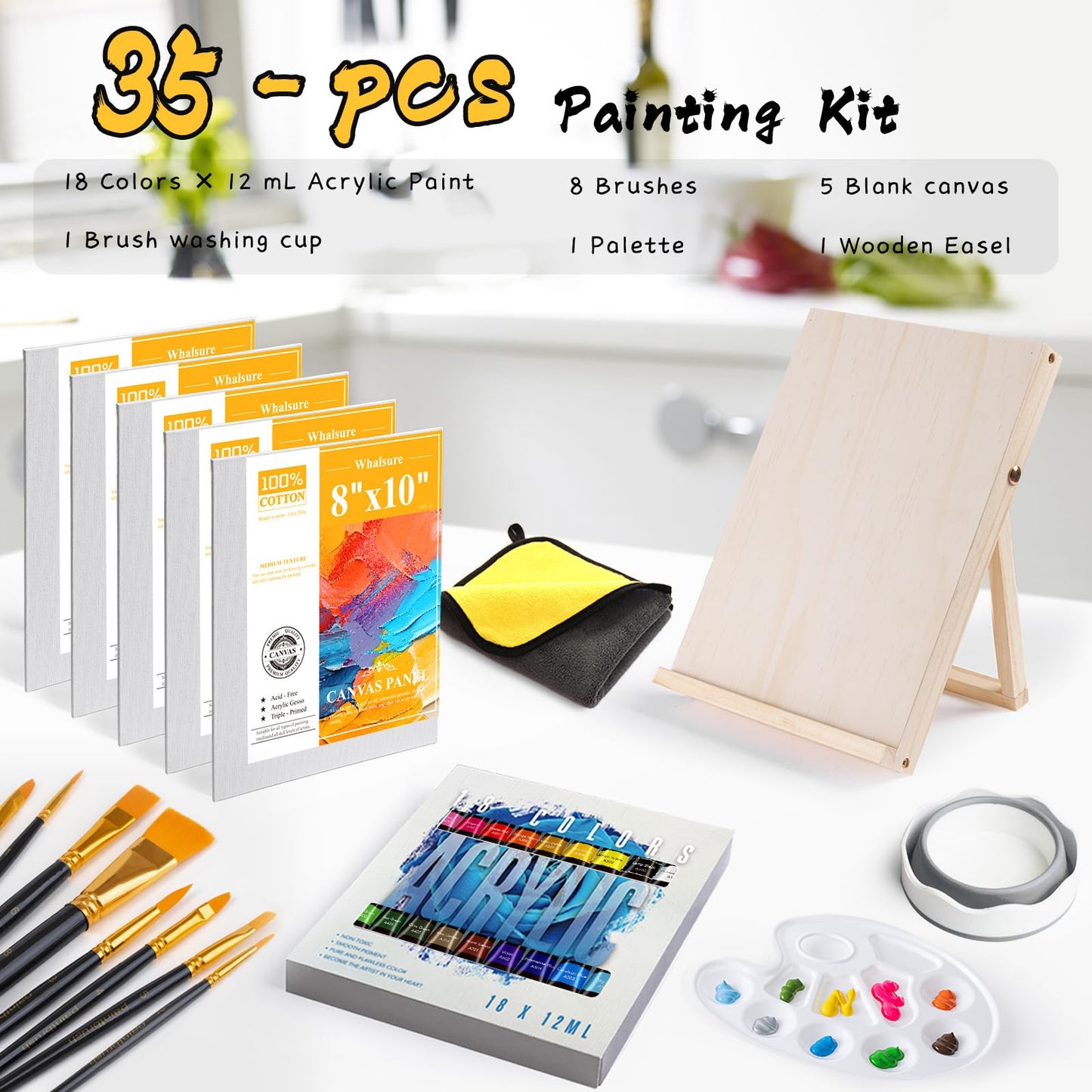 Whalsure Paint Set, Acrylic Paint Set for Kids & Adults - Painting Supplies with 18 Acrylic Paints, 8 Painting Brushes, 5 Canvas Panels, etc