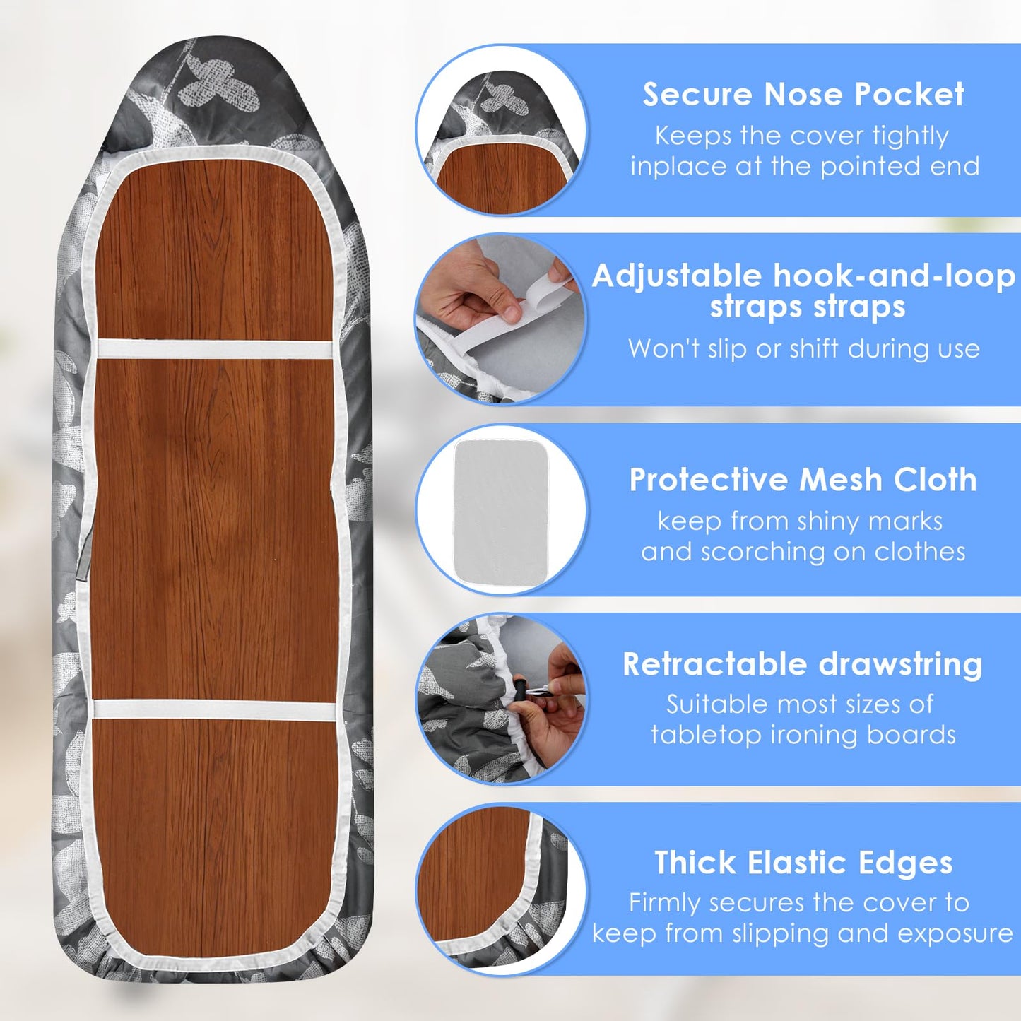 Ironing Board Cover 20" x 55" Extra Wide Thick Padding Fits Most Ironing Boards , Non-Stick, Scorch & Stain Resistant, Easy Install Elastic Edge, Bonus Heat Resistant Ironing Mesh Press Cloth for Home