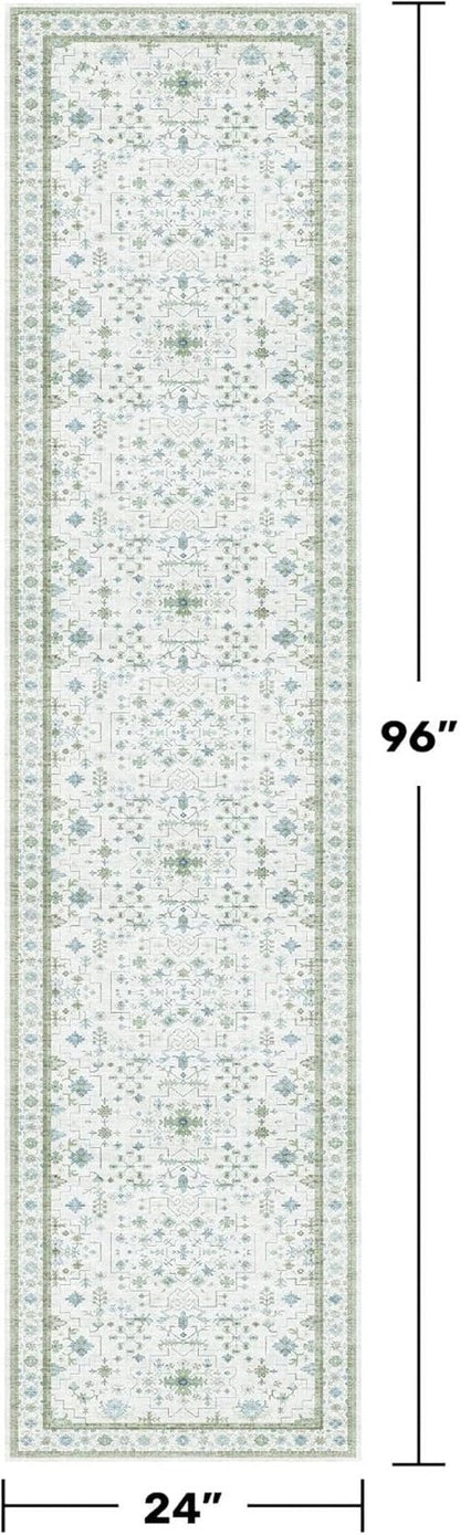Hazo Haus Washable Oushak Bathroom Runner Rug - Vintage Turkish Floral Design | 2x8 ft Low Pile Non-Slip in Cream, Blue, and Green
