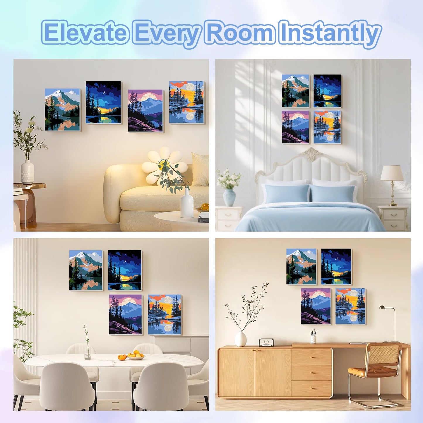 TOSTOG Landscape Nightscapes 4 Pack Framed Canvas Paint by Numbers Art Kit for Adults and Kids, Beginner Acrylic Oil Painting Supplies with Wooden Frame for Home Wall Decor 20 * 25 cm/8 * 10 in
