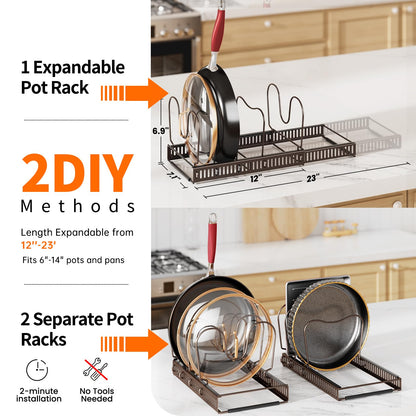 MUDEELA Pots and Pans Organizer Rack for under Cabinet, Expandable 11.81''-22.85'' Pot Lid Kitchen Cabinet Organizer Holder with 10 Adjustable Compartment Cutting Board Organizer for Pan Lid, Bakeware
