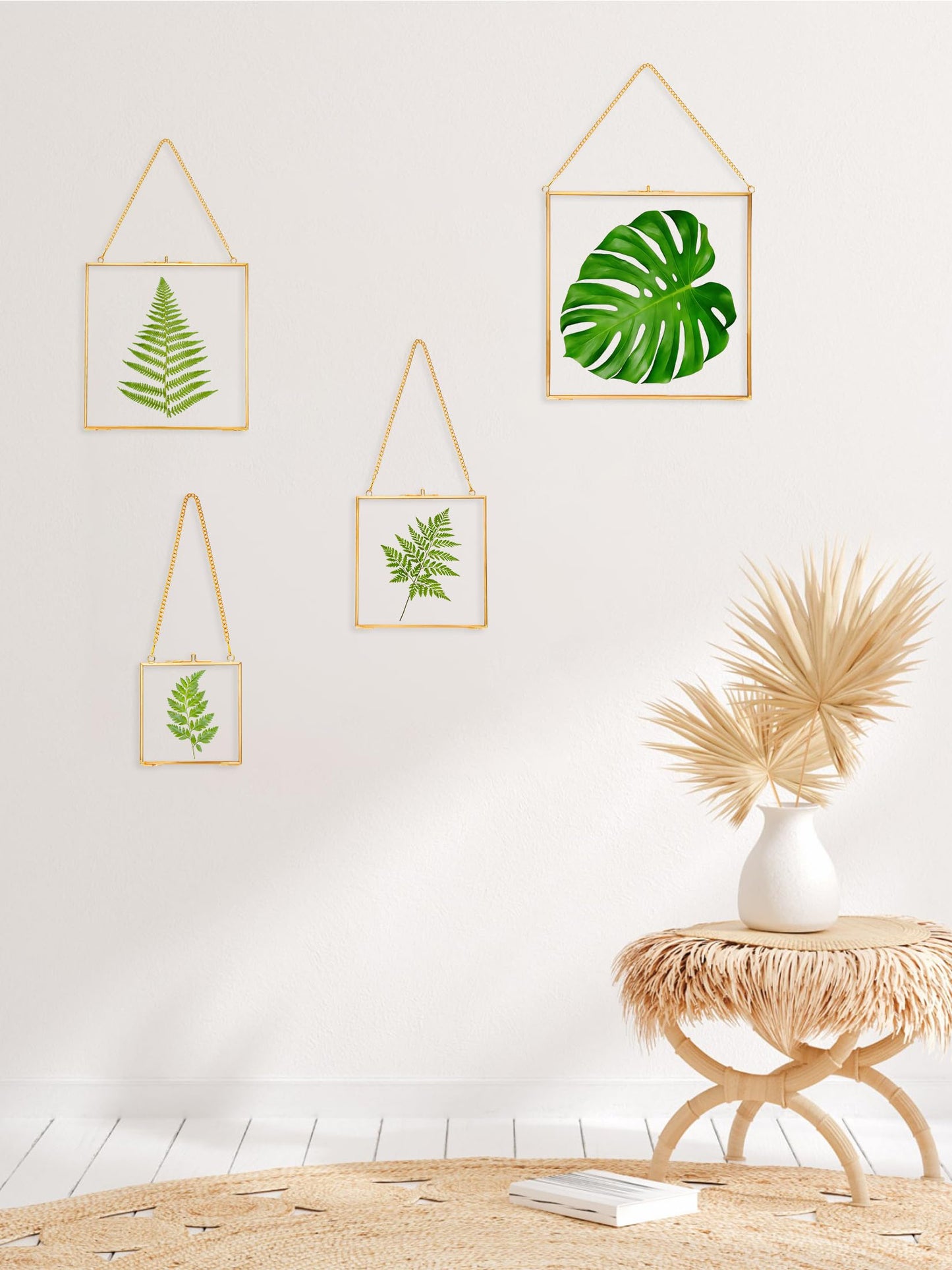 REDHUGO Glass Pressed Flower Frames,Vintage Hanging Picture Frames with Chain,Handmade Brass Floating Picture Frame,Plant Specimen Wall Ornament Display Artwork DIY Family Photo,Square,Gold,4x4 Inches