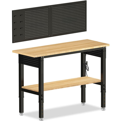 MUWOOD Adjustable Height Work Bench 48×24 Workbench for Garage with Under Table Shelf Heavy Duty Rubber Wood Work Table for Shop Woodworking, Office, Home, Commercial