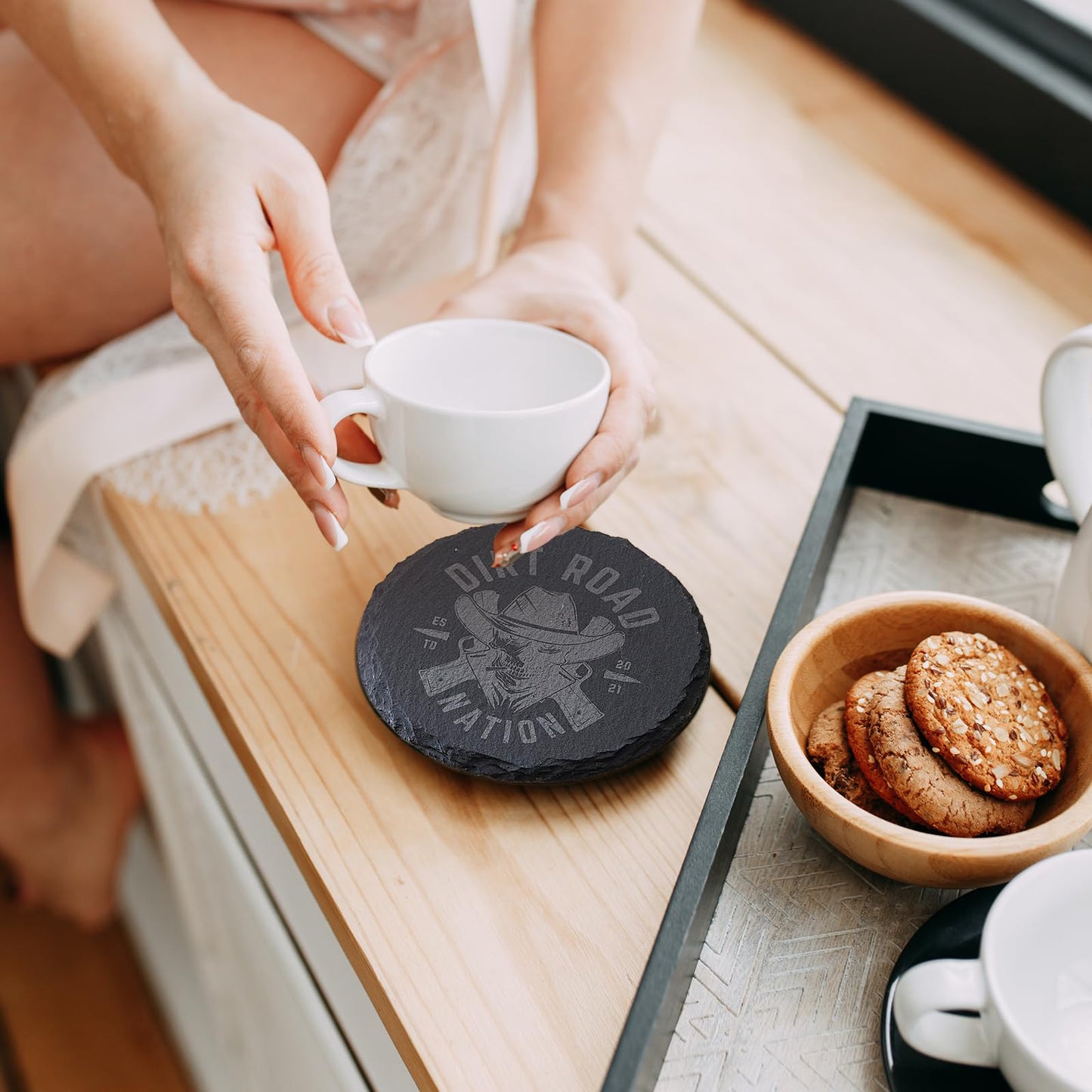 24 PCS Slate Coasters Set, 4 Inch Black Round Stone Drink Coasters Bulk, Laser Engraving Blanks with Anti-Scratch Bottom for Coffee Bar Home Kitchen Decor, Ideal Housewarming Wedding Gifts