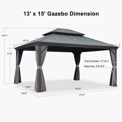 PURPLE LEAF 13' X 15' Permanent Gazebo with Metal Roof Outdoor Hardtop Gazebo for Patio Lawn and Garden Curtains and Netting Included Grey