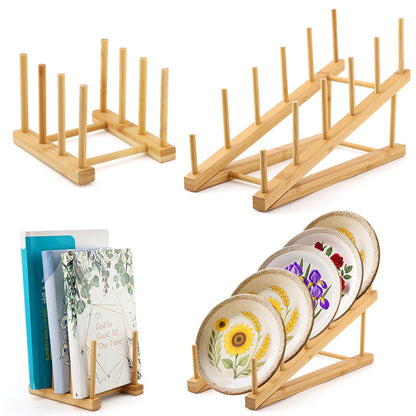 Bibabala 2Pcs Plate Stands for Display, Wooden Plate Holders with 1 Cup Holder,5 Tiers Bowl Rack, Craft Show Display Stands for Tabletop Book, Artwork, Photo, Record, Magazine, Platter