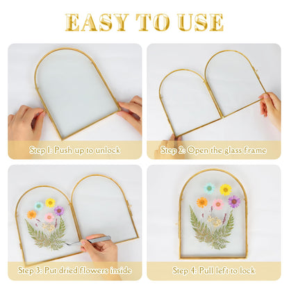 Himitimi Double Glass Frame for Pressed Flowers, 6x8 Inch Handmade Pressed Flower Frame Metal Floating Picture Frame for Tabletop Display DIY Artwork Home Decor(Arched, Gold)