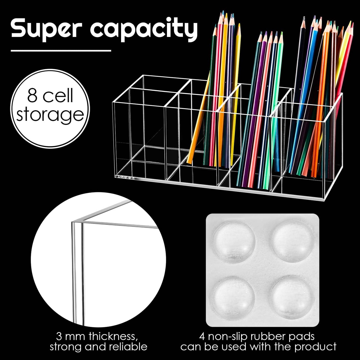 Yulejo 8 Slot Clear Acrylic Pen Holder Makeup Brushes Organizer Holder Eyebrow Pen Container Bathroom Storage Square Cube Deep Organizer Countertop Storage Pencil Display Case for Office Desk