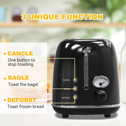 Toaster 2 Slice, Retro Stainless Steel Toaster with 6 Settings, 1.5 In Extra Wide Slots, Removable Crumb Tray, Bagel
