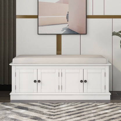 GDFStudio Jasd Storage Bench with 4 Doors and Adjustable Shelves, Removable Cushion Bench Ottoman, Solid Wood Frame Storage Ottoman, Rectangular Cabinet with Seating for Living Room Entryway, White