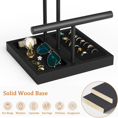 SZQINJI Bracelet Holder Display Organizer Stand, Necklace Holder Jewelry Holder Stand, Solid Wood Base with 3 Tier Metal T-bar for Bracelet Necklace Scrunchie Wristband Bangle Watch Ring, Black