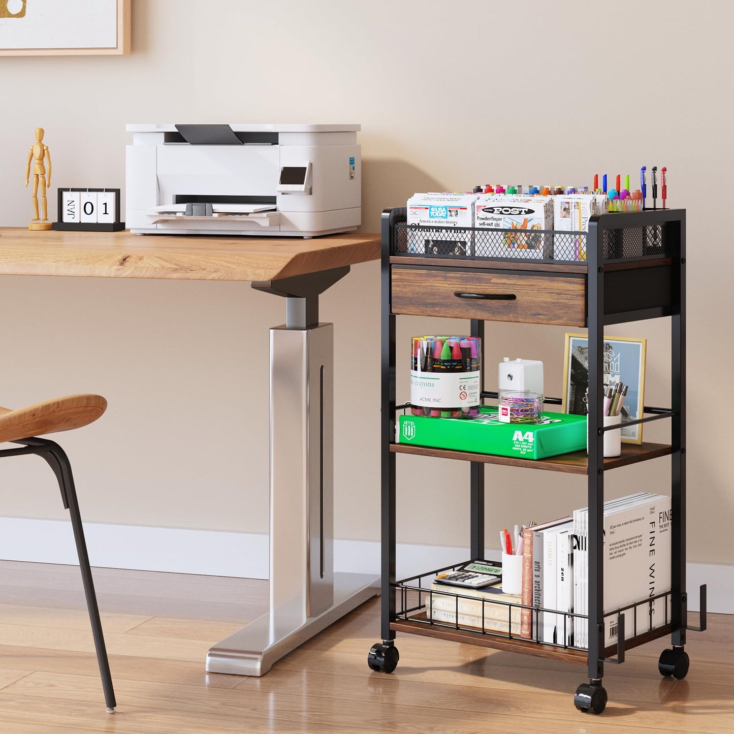 Homsorout 3 Tier Rolling Cart - Metal Utility Cart with Storage Drawer and Wheels, Versatile Art & Craft Organizer for Home, Office, or Studio Ideal for Storing Brushes, Paints, and Supplies Brown