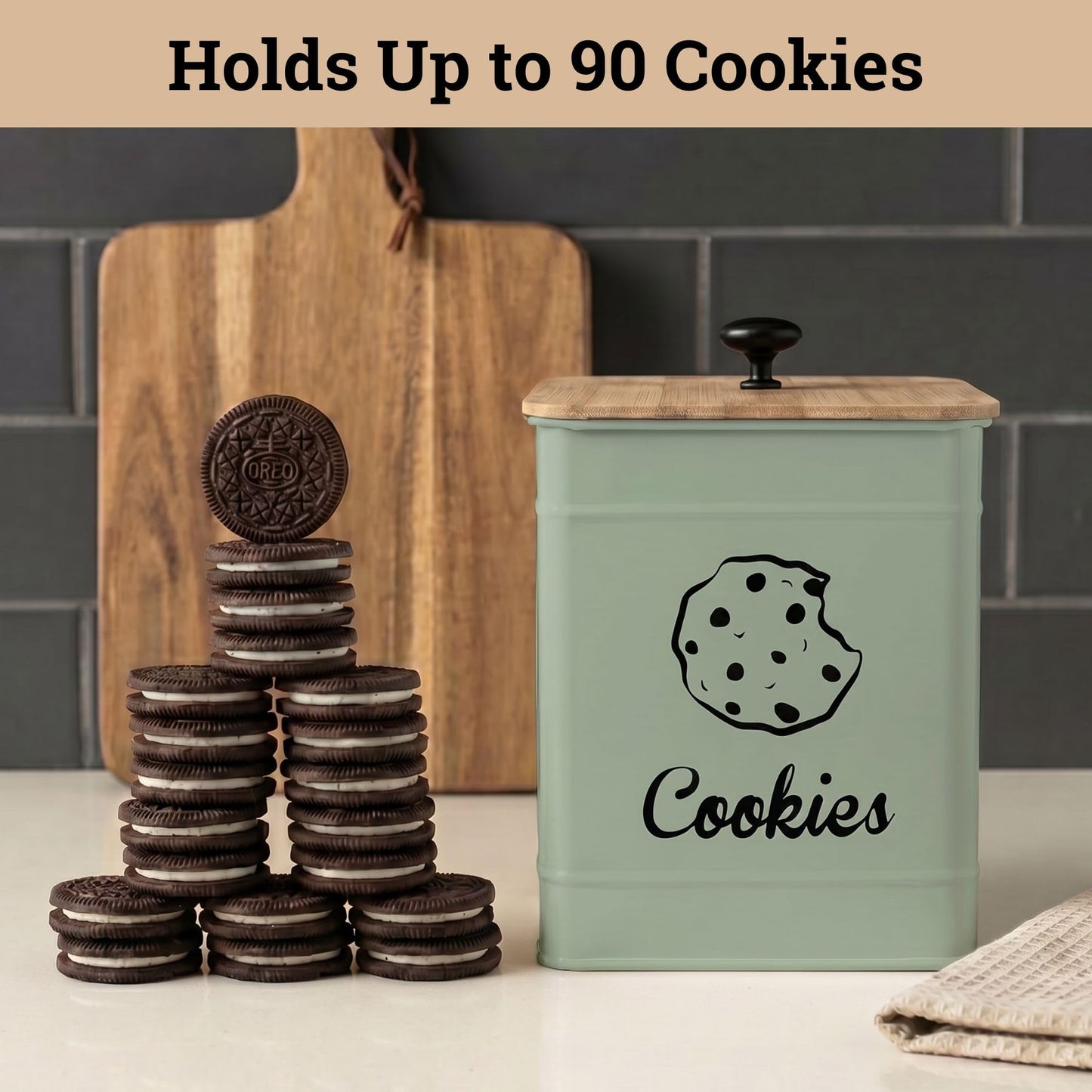 Cookie Jar with Airtight Lid - 1 Gallon - 6"D x 8"H Green Iron Cookie Tin with Bamboo Lid - Large Cookie Jars with Lids Airtight - Farmhouse Cookie Jars for Kitchen Counter Decorative - Cookies Jar