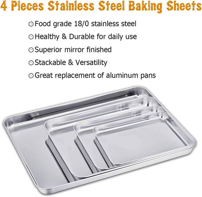 TeamFar Baking Sheet Set - 4 Stainless Steel Cookie Trays, Non-Toxic, Rust-Free, Easy Clean | 16/12.5/10/9.3 Inch