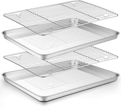 TeamFar Baking Sheet Set - Stainless Steel Cookie Pans with Racks | Non-Toxic, Easy Clean, Dishwasher Safe - 4 Pack