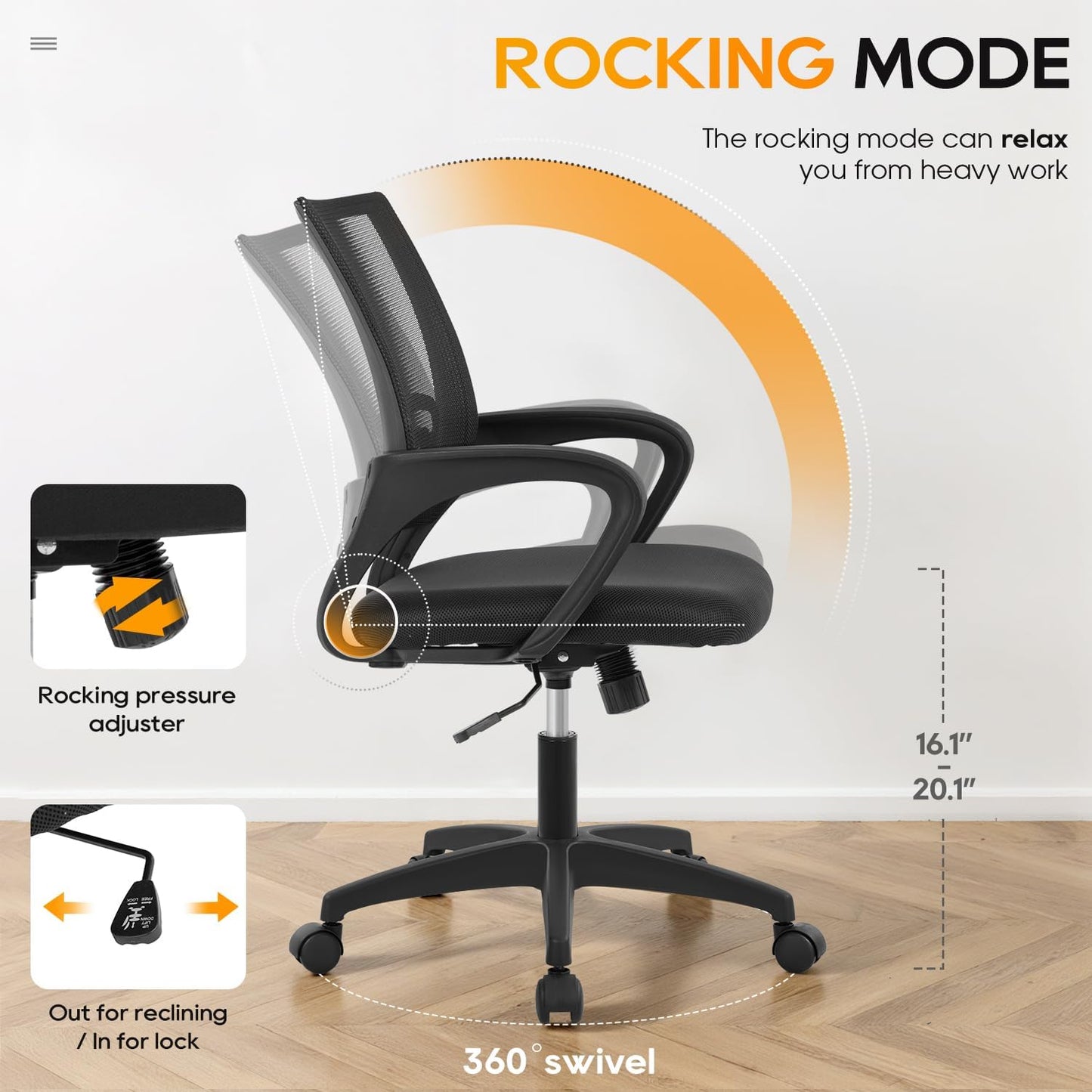 BestOffice Ergonomic Office Chair - Mid-Back Swivel Design with Breathable Backrest & Lumbar Support - Adjustable Height, Sponge Seat, Rolling Wheels - Dark Black for Adults & Women
