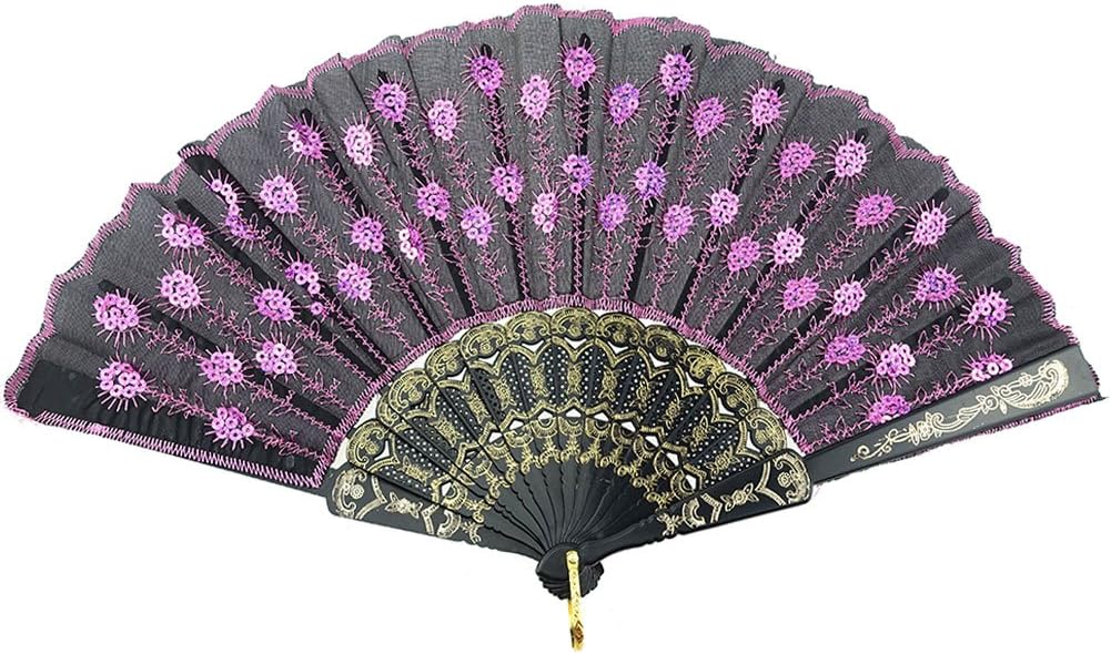 INNOLIFE Elegant Colorful Embroidered Flower Peacock Pattern Hand Fan - Hand-Crafted Folding Fabric, Full Set of 6pcs