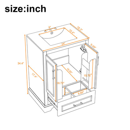 Merax 24" Bathroom Vanity with Sink & 1 Divider Drawer & 2 Soft-Close Doors (Double Shelf on Door), MDF and Solid Wood Frame, Freestanding Vanity Cabinet (Black)