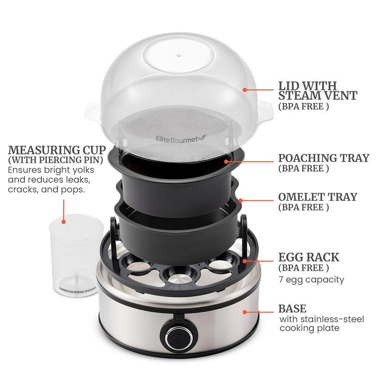 Elite Gourmet EGC855SS Easy Egg Cooker, 7-Egg Capacity, Soft, Medium, Hard-Boiled, Omelets, Poached Eggs, Plays Melody when Done, Auto Shut-Off, Measuring Cup, Stainless Steel