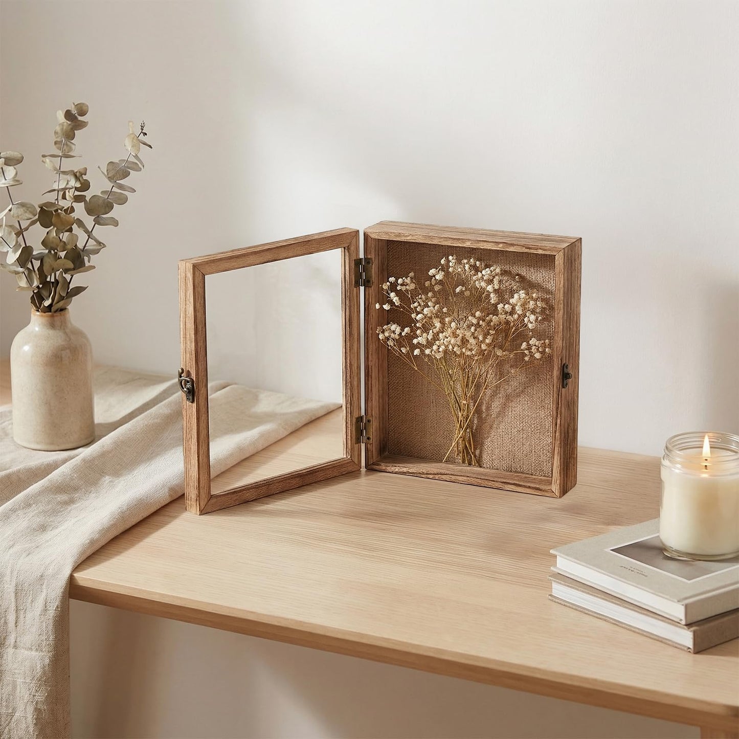 TILBLKUP Shadow Box Frame Display Case 8x10 Shadow Box with Linen Back, Real Glass Window Door with Hinge, Picture Frame for Memorabilia Medals Wedding Bouquet Collections, Memory Box for Keepsakes