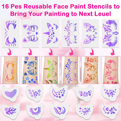 Professional Face Painting Kit for Kids and Adults – 54 Color Water Activated Cosplay Makeup Kit, Non-Toxic Body Paint with Stencils, Gems, Brushes– for Halloween FX, Bday Parties, School Event