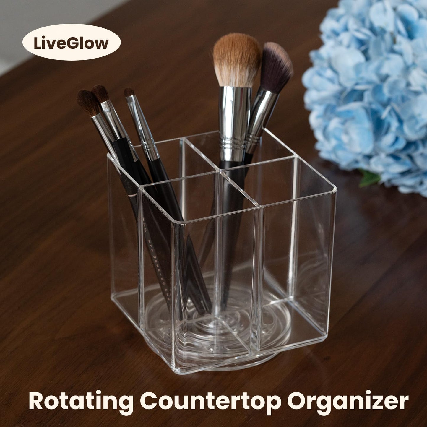 LiveGlow Clear Makeup Brush Holder,Acrylic Rotating 360°Makeup Brush Organizer,Pen holder with 4 Grids,Makeup Holder for Courtup,Containers for Desk,1pc