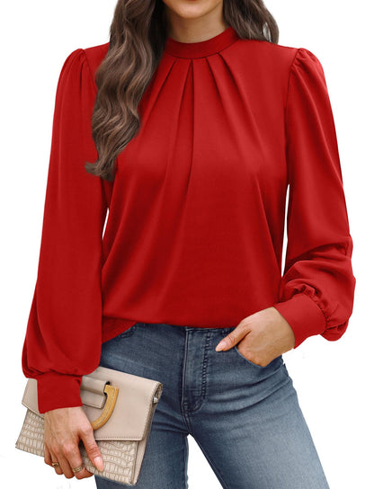 WIHOLL Long Sleeve Shirts for Women Mock Neck Tops Pleated Front Blouses Dressy Casual Fall Clothes 2025 Fashion
