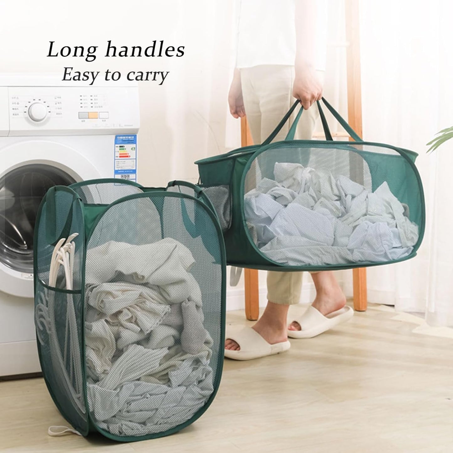 Collapsible Laundry Basket 2 Pack, Green Mesh Pop Up Hampers with Handles, Large Portable Travel Laundry Bag