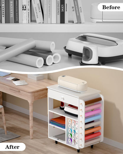 Craft Organizers and Storage Table Compatible with Cricut Machine, VDamu Crafting Cabinet Cart with Vinyl Roll Holder for Craft Room Home Office