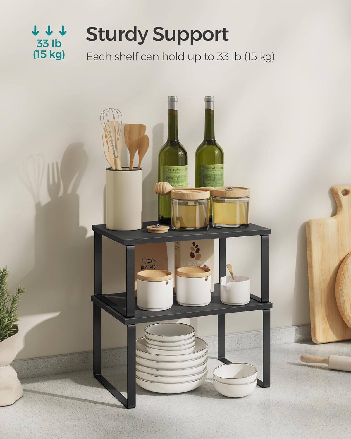 SONGMICS Set of 4 Cabinet Organizer Shelves, Stackable Kitchen Storage, Spice Rack in Ink Black and Ebony Black