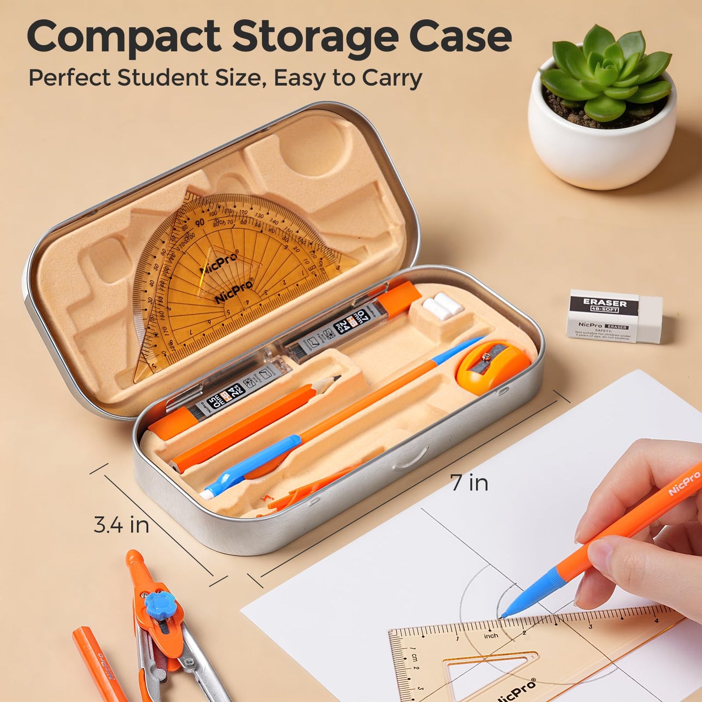 Nicpro 17 PCS Compass Geometry Set for Students, Drafting Tools Math Protractor Compass with Rulers, Mechanical Pencil, Square Set, Box of Protractors Kit for Class Supplies, Back to School Supplies
