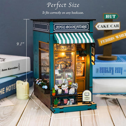 RICFURPET DIY Book Nook Kit with Music Box, Wooden 3D Puzzle Dollhouse with LED, Miniature House Kit Bookends for Adult and Teen, Bookshelf Decor, Creative Gift for Friends and Family. Soul Bookstore