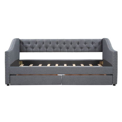 Merax Upholstered Twin Daybed Frame with 2 Storage Drawers, Linen Fabric Wood Sofa Bed, Diamond-Tufted Backrest & Rivets Armrests, Sturdy Wood Slat Support, No Box Spring Needed, Bear 400LBS, Gray