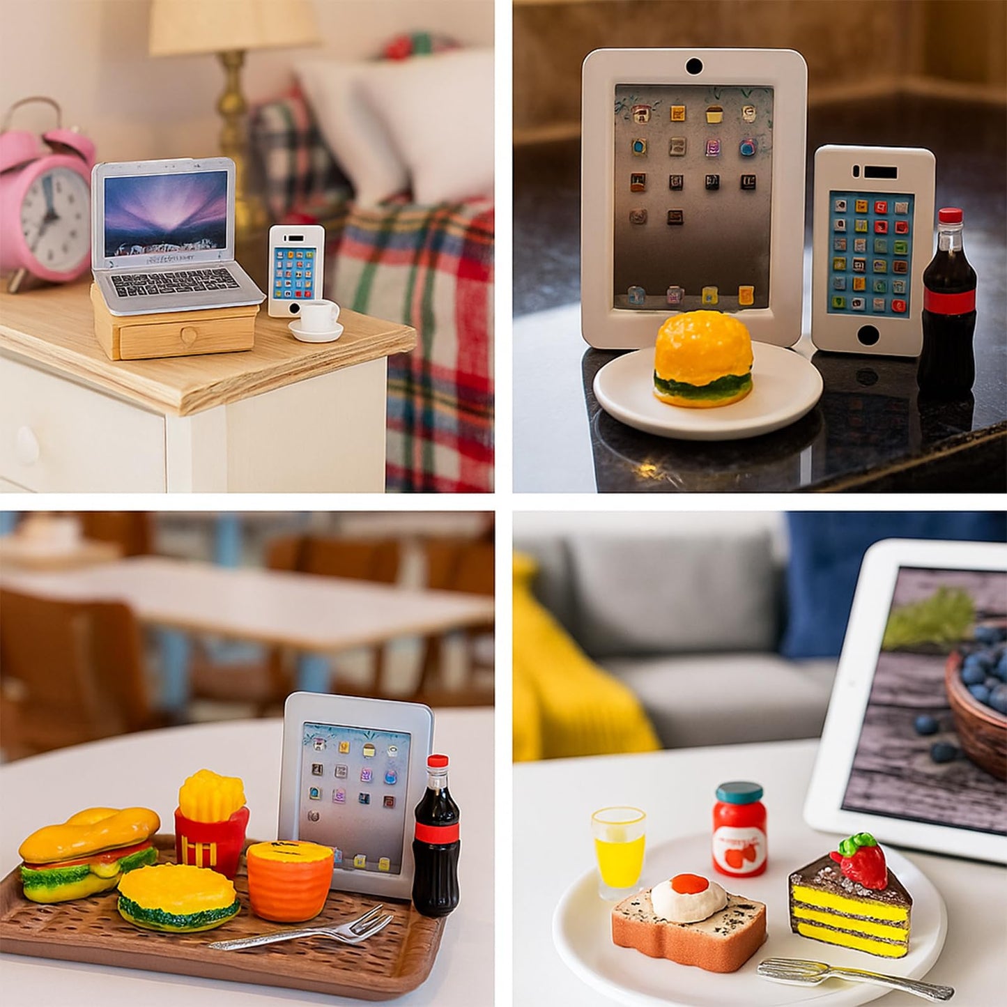 20Pcs Miniature Laptop Computer Tablet Toy Phone Pad and Hamburger Fries Cola Fast Food Cake Coffee Juice Fits Barbie Doll Accessories Scale Dollhouse Playsets Girl Mini Drink Food Party