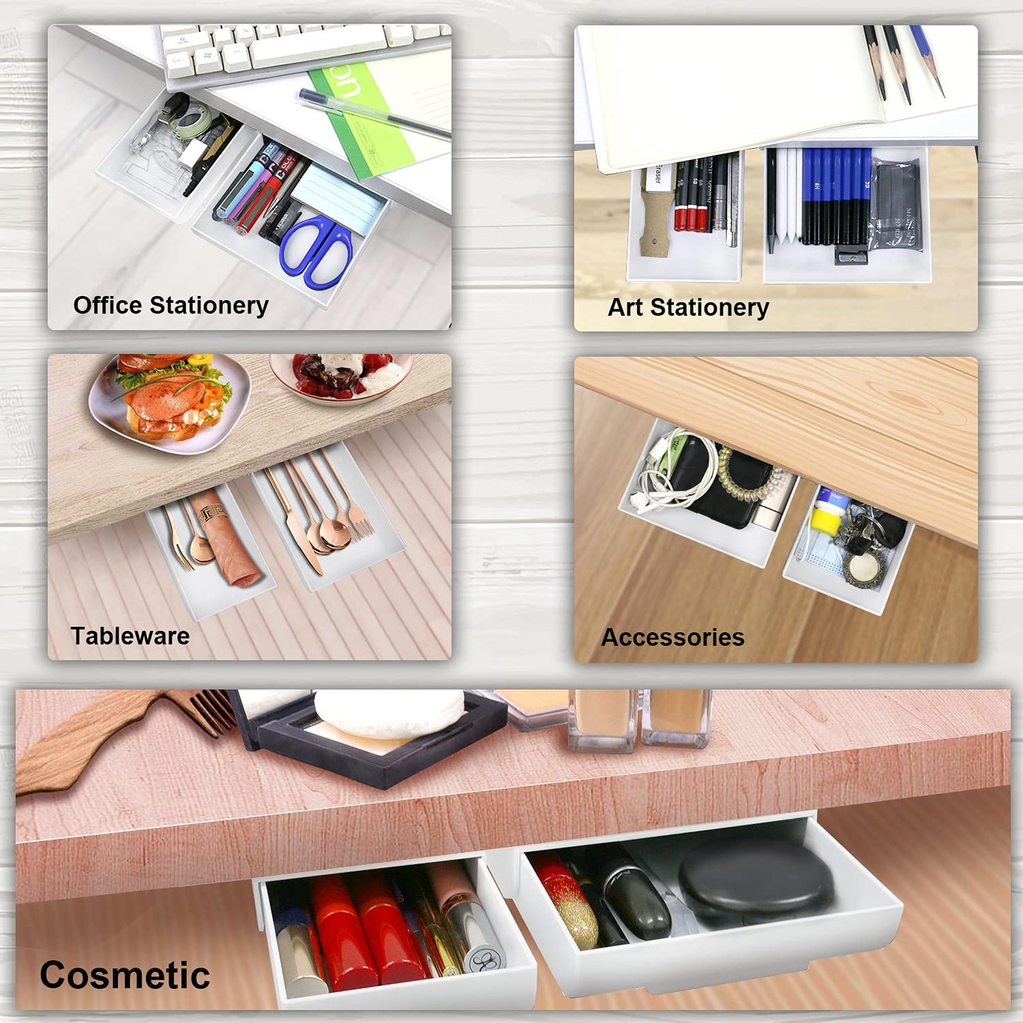 YOOUSOO 2 Pack Under Desk Storage Drawer Organizer, Hidden Slide Out Drawer Attachment, with Self - Adhesive Feature for Desktop and Table Organization, Hidden Under Desk