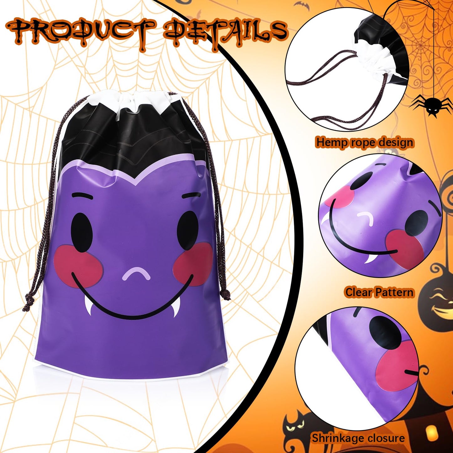 Wonderjune 75 Pcs Halloween Drawstring Treat Bags Halloween Plastic Candy Goodie Treat Sack Gift Bags for Boys Girls Birthday Holiday Theme Party Favors Supplies